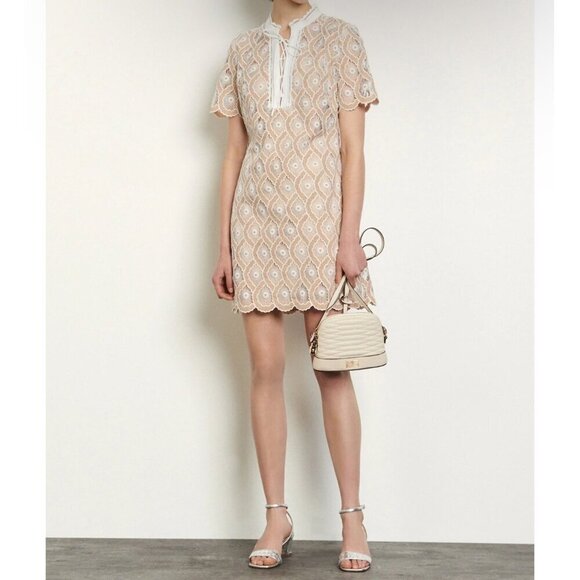 Sandro short broderie anglaise dress, Tan/ white, Size 36 - Picture 1 of 14